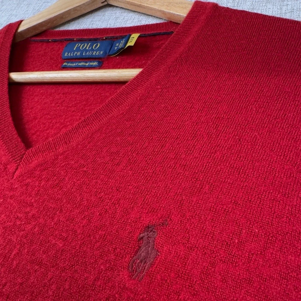 Polo Ralph Lauren V-Neck Sweater Men's XL‎ Washable Merino Wool Red Pony